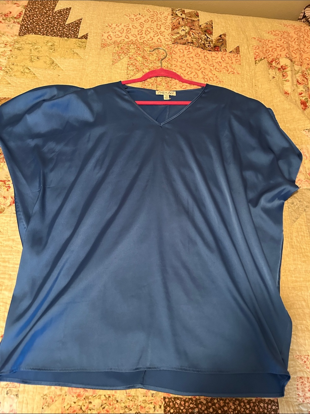 She + Sky Blue Satin V-Neck Blouse